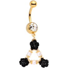 Load image into Gallery viewer, Gold Tone Black Triple Flower Triangle Dangle Belly Ring
