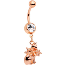 Load image into Gallery viewer, Clear Gem Rose Gold Tone Kitty Cat With A Corsage Dangle Belly Ring
