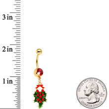 Load image into Gallery viewer, Red Gem Gold Tone Holiday Holly Wreath Dangle Belly Ring
