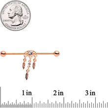 Load image into Gallery viewer, Clear Gem Rose Gold Tone Eye Feather Dangle Industrial Barbell 38mm
