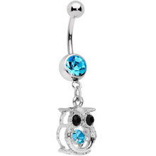 Load image into Gallery viewer, Black Aqua CZ Gem It's A Hoot Owl Dangle Belly Ring

