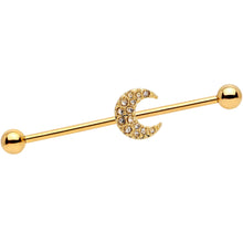 Load image into Gallery viewer, 14G Clear Gem Gold Tone Crescent Moon Industrial Barbell 38mm
