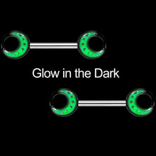 Load image into Gallery viewer, 14G 9/16 Glow in the Dark Green Moon Barbell Nipple Ring Set
