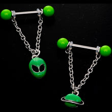 Load image into Gallery viewer, 14G 9/16 Glow Alien Saturn Dangle Barbell Nipple Ring Set
