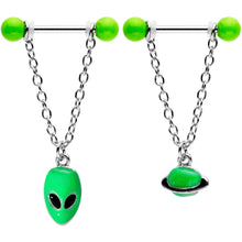 Load image into Gallery viewer, 14G 9/16 Glow Alien Saturn Dangle Barbell Nipple Ring Set
