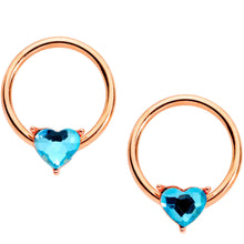 Load image into Gallery viewer, 14G Aqua Gem Heart Rose Gold Tone BCR Barbell Nipple Ring Set of 4
