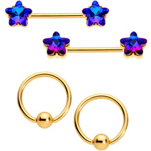 Load image into Gallery viewer, 14G Deep Blue Gem Star Gold Tone BCR Barbell Nipple Ring Set
