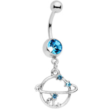 Load image into Gallery viewer, Aqua Gem Stars Orbiting Saturn Dangle Belly Ring
