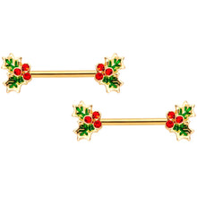 Load image into Gallery viewer, 14G Red Gem Gold Tone Holly BCR Barbell Nipple Ring Set of 4
