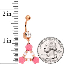 Load image into Gallery viewer, Clear Gem Rose Gold Tone Triangle of Roses Dangle Belly Ring
