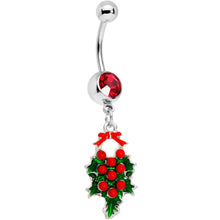 Load image into Gallery viewer, Red Gem Holiday Bow and Berries Holly Day Dangle Belly Ring
