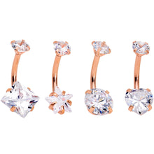 Load image into Gallery viewer, Clear Gem Rose Gold Hue Round Rhombus Heart Star Belly Ring Set of 4
