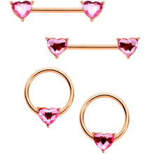 Load image into Gallery viewer, 14G Pink Gem Rose Gold Tone Heart BCR Barbell Nipple Ring Set
