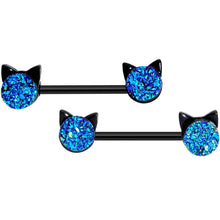 Load image into Gallery viewer, 14G 9/16 Blue Faux Druzy Cat Head Barbell Nipple Ring Set
