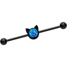 Load image into Gallery viewer, 14G Blue Faux Druzy Black Hey Kitty Cat Industrial Barbell 38mm

