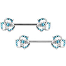 Load image into Gallery viewer, 14G 9/16 Blue Gem Rose Flower Barbell Nipple Ring Set
