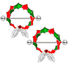 Load image into Gallery viewer, 14G 25mm Red Gem Happy Holiday Wreath Nipple Shield Set
