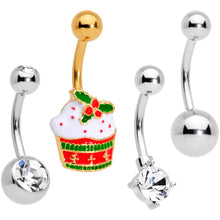 Load image into Gallery viewer, Clear Gem Gold Tone Red Holiday Cupcake Belly Ring Set of 4
