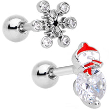 Load image into Gallery viewer, Clear Gem Winter Fun Snowflake Snowman Cartilage Tragus Set of 2

