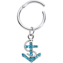 Load image into Gallery viewer, 16G 3/8 Aqua CZ Gem Nautical Anchor Hinged Dangle Segment Ring
