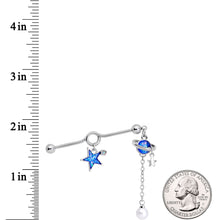 Load image into Gallery viewer, Clear Gem Blue Glitter Saturn Star Dangle Industrial Barbell 38mm

