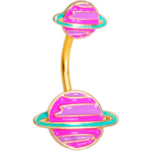 Load image into Gallery viewer, Gold Tone Pink Planet Saturn Double Mount Belly Ring
