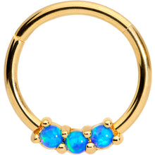 Load image into Gallery viewer, 16G 3/8 Blue Synthetic Opal Gold Tone Hinged Segment Ring
