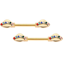 Load image into Gallery viewer, 14G 9/16 Multicolor Gem Gold Tone UFO Barbell Nipple Ring Set
