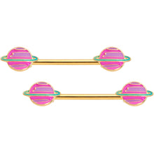 Load image into Gallery viewer, 14G 9/16 Gold Tone Pink Planet Saturn Barbell Nipple Ring Set
