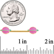 Load image into Gallery viewer, 14G 9/16 Gold Tone Pink Planet Saturn Barbell Nipple Ring Set
