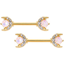 Load image into Gallery viewer, 9/16 White Faux Opal Crescent Moon Gold Tone Barbell Nipple Ring Set
