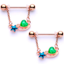 Load image into Gallery viewer, Blue Green Gem Rose Gold Tone Star Heart Dangle Barbell Nipple Ring Set
