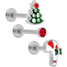 Load image into Gallery viewer, 16G 5/16 Gem Holiday Cartilage Tragus Earring Curation Set of 3
