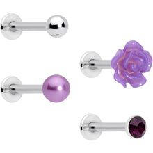 Load image into Gallery viewer, 16G 1/4 Purple Gem Rose Flower Labret Monroe Tragus Set of 4
