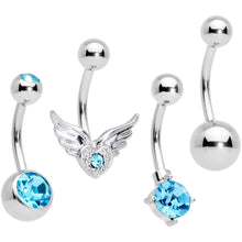Load image into Gallery viewer, Aqua Gem Valentines Day Winged Heart Belly Ring Set of 4
