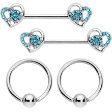 Load image into Gallery viewer, 14G 9/16 5/16 Aqua Gem Hearts BCR Barbell Nipple Ring Set

