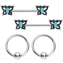 Load image into Gallery viewer, 14G Faux Turquoise Butterfly BCR Barbell Nipple Ring Set of 4

