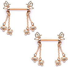 Load image into Gallery viewer, 9/16 Clear Gem Rose Gold Tone Butterfly Dangle Barbell Nipple Ring Set
