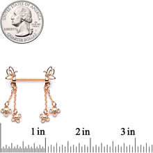 Load image into Gallery viewer, 9/16 Clear Gem Rose Gold Tone Butterfly Dangle Barbell Nipple Ring Set
