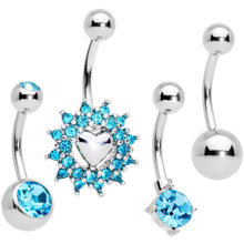 Load image into Gallery viewer, Aqua Gem Valentines Day Sunburst Heart Belly Ring Set of 4
