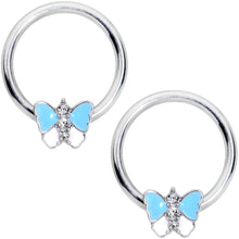 Load image into Gallery viewer, 14G Blue White Inlay Butterfly BCR Barbell Nipple Ring Set of 4
