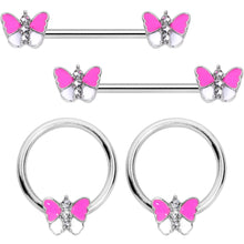 Load image into Gallery viewer, 14G Pink White Inlay Butterfly BCR Barbell Nipple Ring Set of 4

