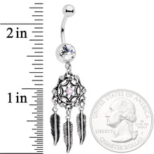 Load image into Gallery viewer, Clear Gem Pink Faux Opal Feather Dreamcatcher Dangle Belly Ring
