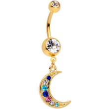 Load image into Gallery viewer, Multicolor Gem Gold Tone Crescent Moon Dangle Belly Ring
