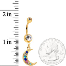 Load image into Gallery viewer, Multicolor Gem Gold Tone Crescent Moon Dangle Belly Ring
