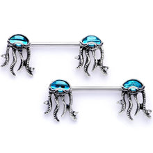 Load image into Gallery viewer, 14G 9/16 Clear Blue Gem Jellyfish Barbell Nipple Ring Set
