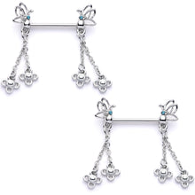 Load image into Gallery viewer, 9/16 Aqua Gem Butterfly Dangle Barbell Nipple Ring Set
