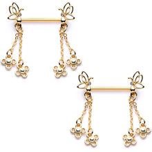 Load image into Gallery viewer, 9/16 Clear Gem Gold Tone Butterfly Dangle Barbell Nipple Ring Set
