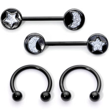 Load image into Gallery viewer, 14G 9/16 1/2 Black Moon Star Horseshoe Barbell Nipple Ring Set
