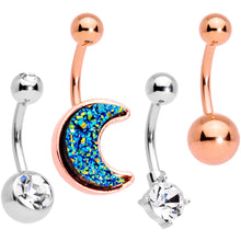 Load image into Gallery viewer, Clear Gem Blue Faux Druzy Rose Gold Tone Crescent Moon Belly Ring Set
